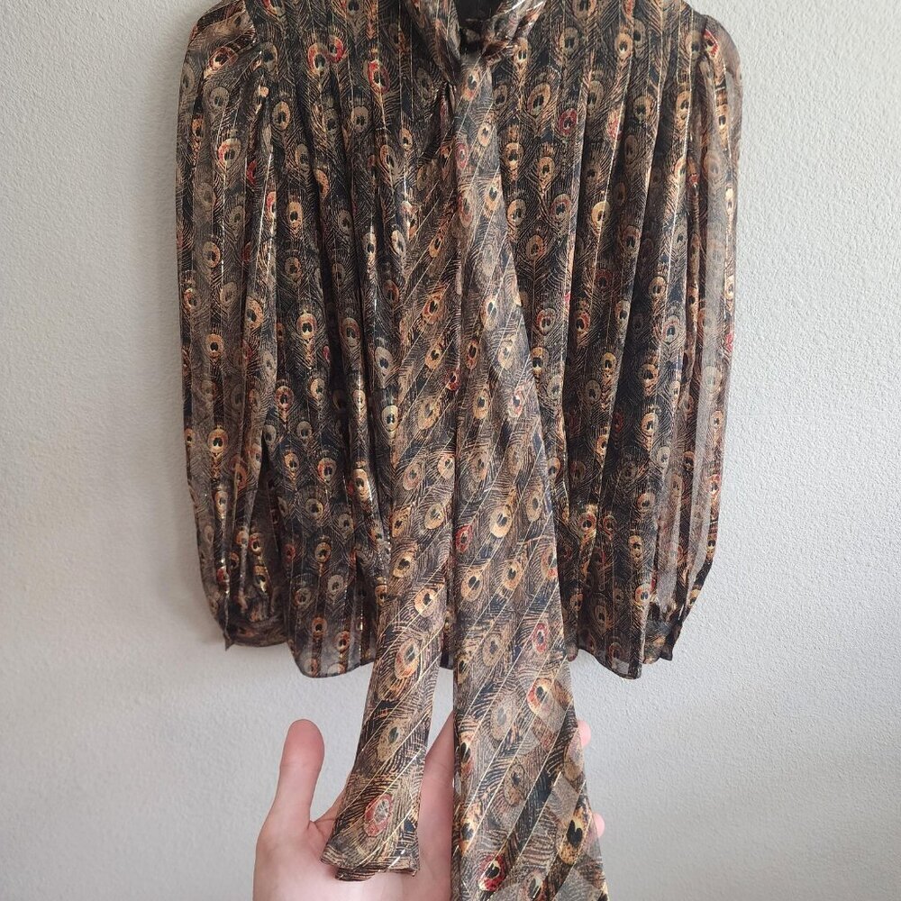 Vintage St John Blouse Womens 10 Black Gold Peacock Feather Sheer Bow 80s Glam - Picture 2 of 9